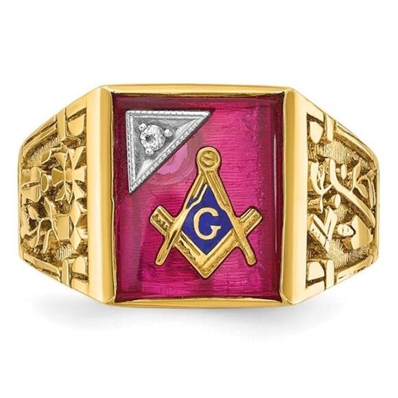 Men's 14k Gold Lab Created Ruby and Diamond Blue Lodge Master Masonic Ring - Picture 7 of 9